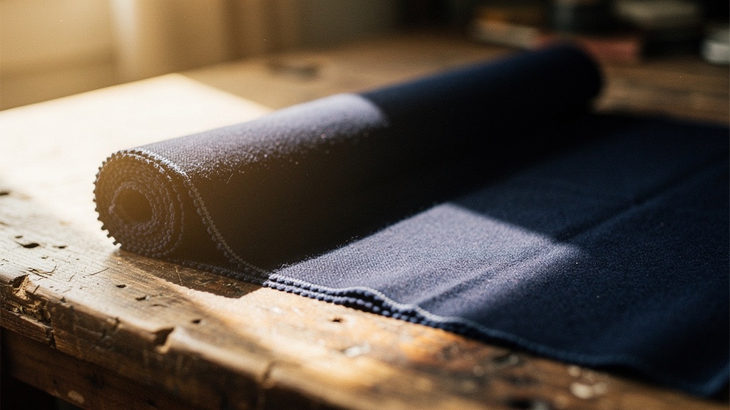 A bolt of deep navy wool cloth in morning light