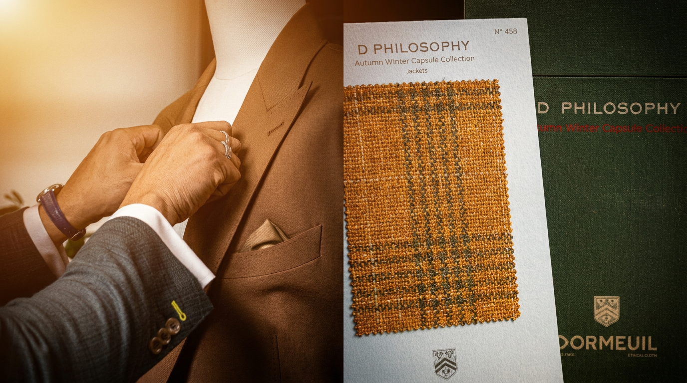 A tailor adjusting a bespoke jacket alongside a Dormeuil autumn cloth swatch