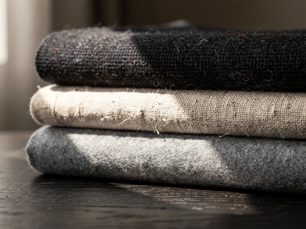 Three fabric swatches — charcoal wool, linen, grey flannel — in raking window light