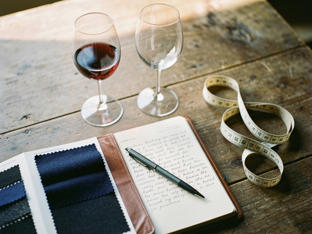 An open notebook, measuring tape, and wine glasses on a wooden table